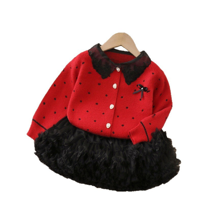 fall and winternew arrivalsweatercardigantwo-piece setbaby girl tweed stylesweet skirtgirlknittingsuit