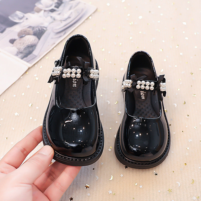 Vancahao kids' black single shoes -  autumn new collection - girls' fashion beaded bow patent leather princess shoes