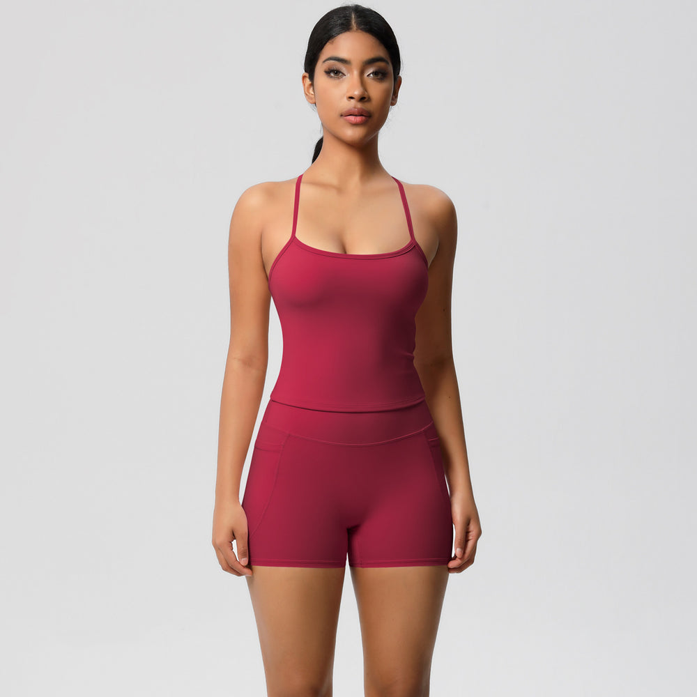Cloud-feel, brushed, quick-dry yoga set: tank top with racerback, butt-lifting shorts, and pockets - perfect for running and fitness