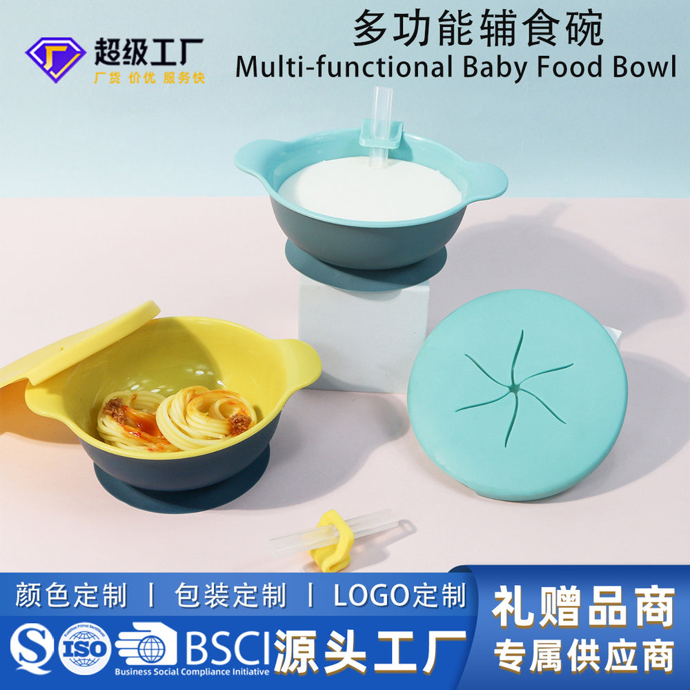 Customizable 3-in-1 baby snack straw, rice cereal suction bowl, spill-proof training utensils for weaning and feeding