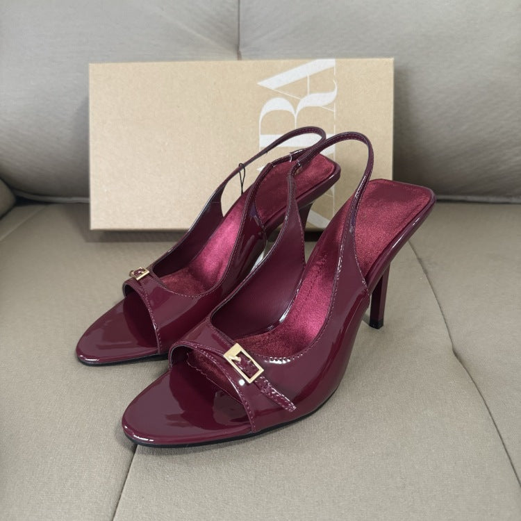 Spain 2025 summer new one-strap stiletto heel cut-out sandals - black patent leather effect, pointed toe, open toe