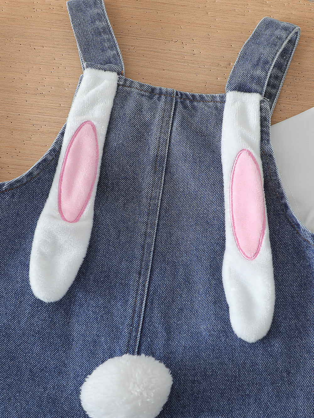new cross-border baby & toddler printed top + 3d bunny ear overalls denim jumpsuit two-piece set