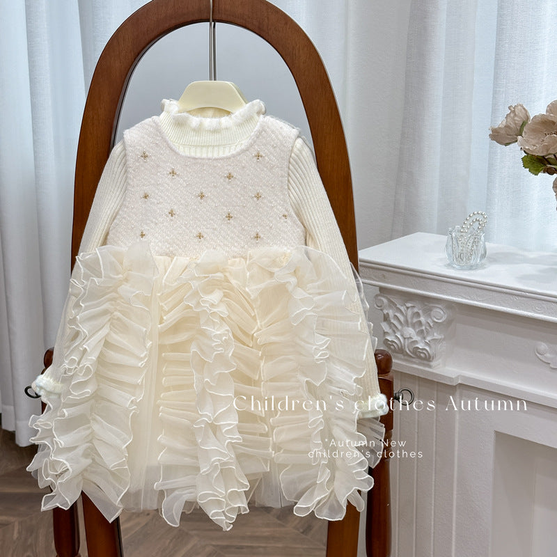 Girls' fleece-lined dress - new autumn/winter  collection: stylish wavy hem sundress, warm base layer, princess dress