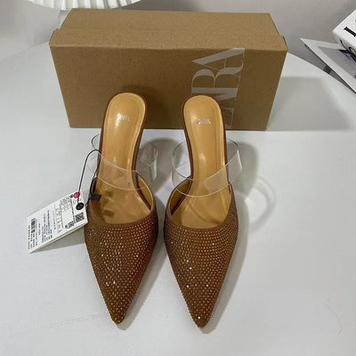 Za summer new arrivals 2024 high heels pointed toe rhinestone embellished closed toe fashionable low-cut pvc slingback stiletto sandals for women