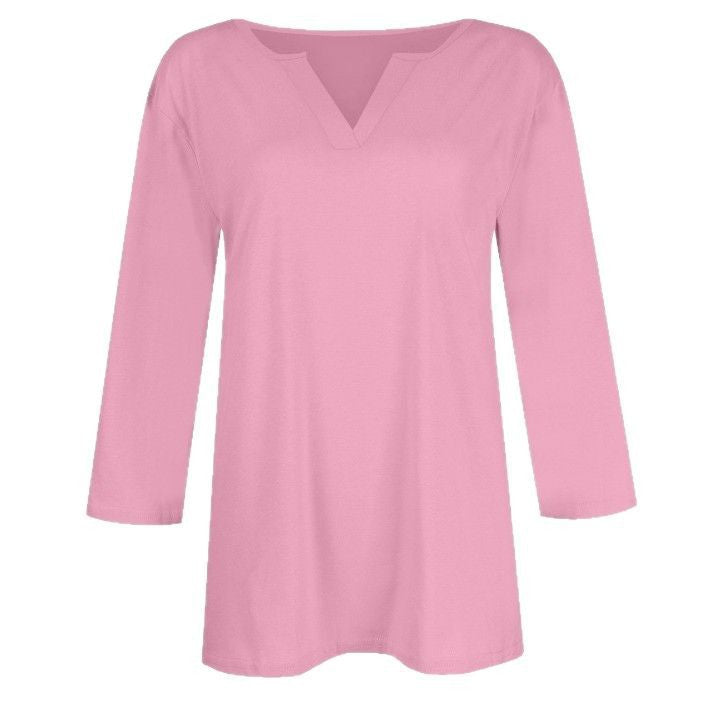 cross-border women's v-neck 3/4 sleeve solid color t-shirt top
