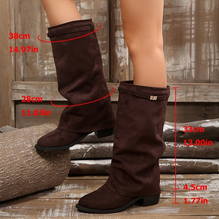 export women's boots pointed toe large tube straight metal buckle medium long boots plus size thick heel pants boots women's boots