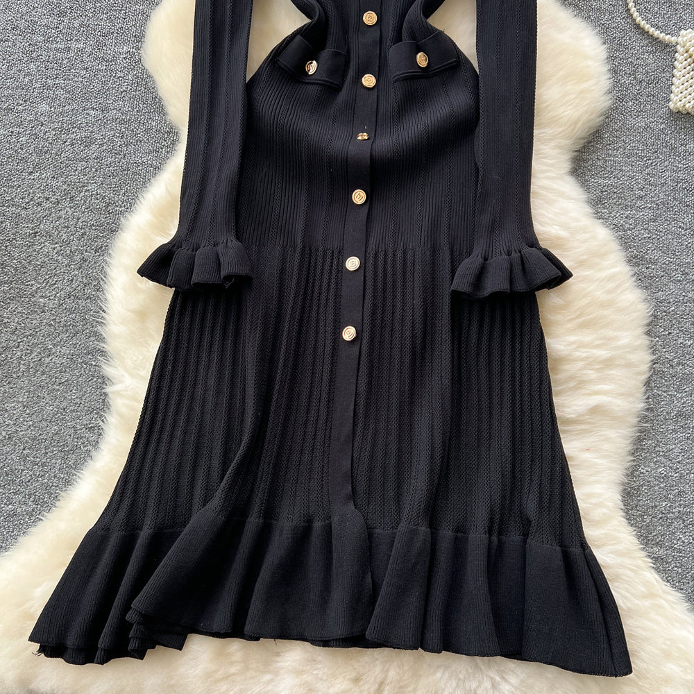 Xiaoxiangfeng dress women's fall and wintereasiest for matchclassy sense v neck metal buckle silmslimming lookrufflesknitting skirt