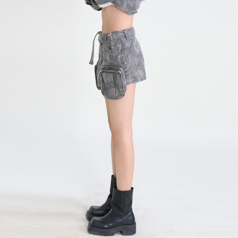 European and american retro bodycon skirt for women,  spring/summer camouflage tie-waist patchwork cargo midi skirt