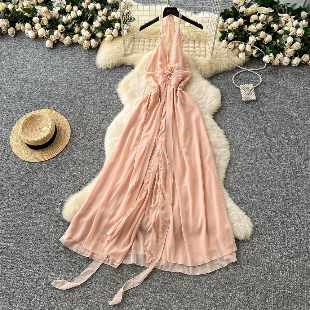 Beach vacation dress women's summer dress sense of design v neck halter suspender backless slit chiffon beach skirt long skirt