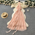Beach vacation dress women's summer dress sense of design v neck halter suspender backless slit chiffon beach skirt long skirt
