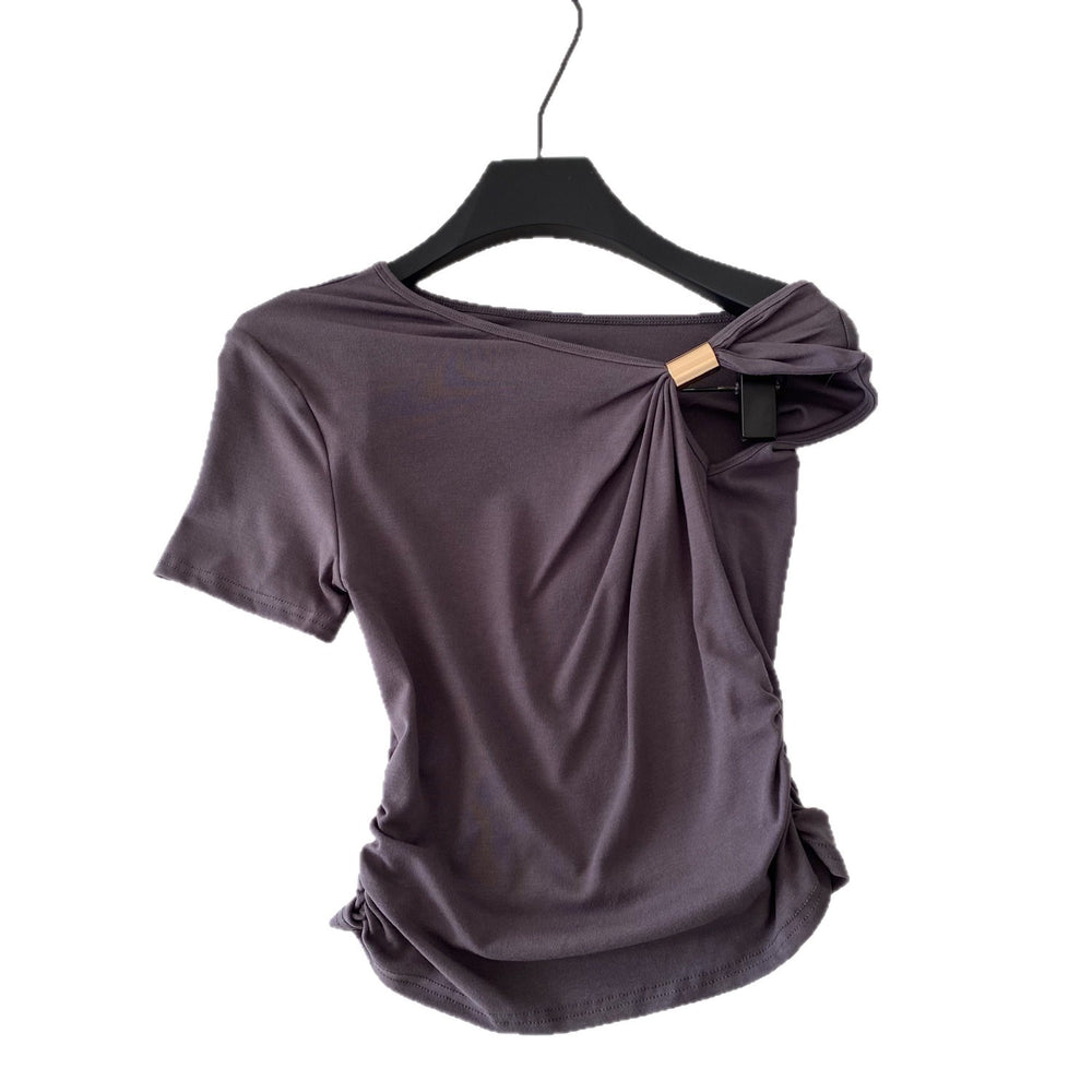 Korean style commute chic one-shoulder twist knot minimalist short sleeve t-shirt - women's summer loose fit, slimming design with ruched detail