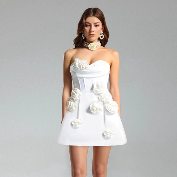 European and American  women's clothing three-dimensional flower decoration tight tube top bandage dress elegant wedding party short dress
