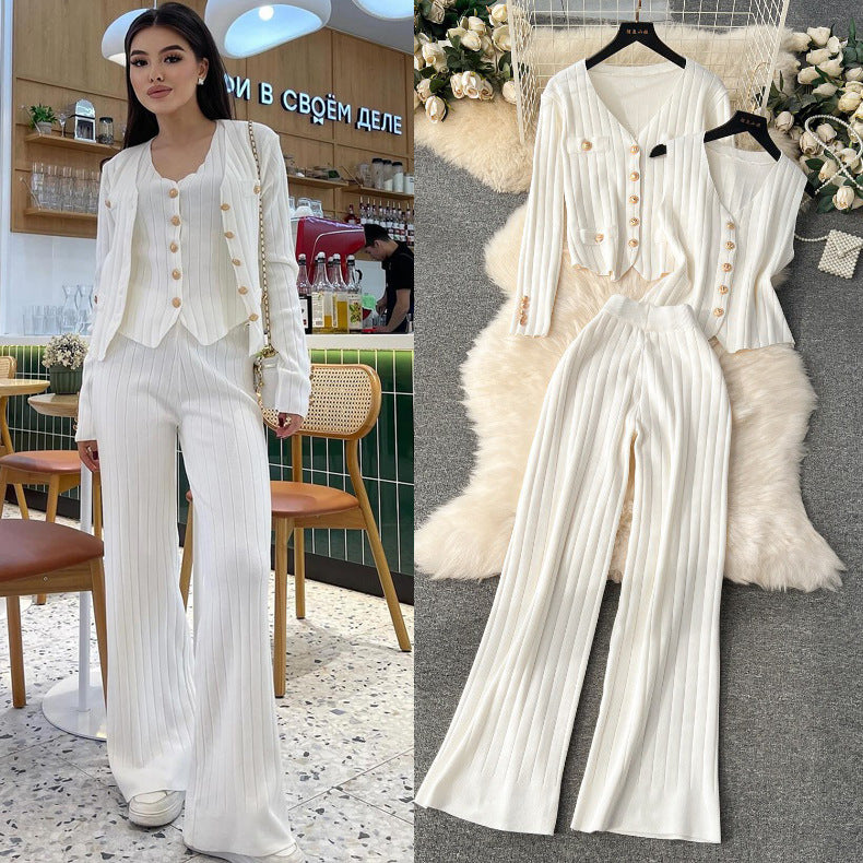 Premium women's spring  outfit set: metallic buckle vest, versatile knit cardigan, and wide-leg pants - a stylish three-piece ensemble
