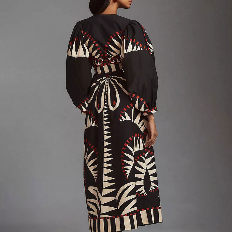 cross-border e-commerce european and american women's clothing: new summer collection - vintage-inspired printed lantern sleeve fashion v-neck dress
