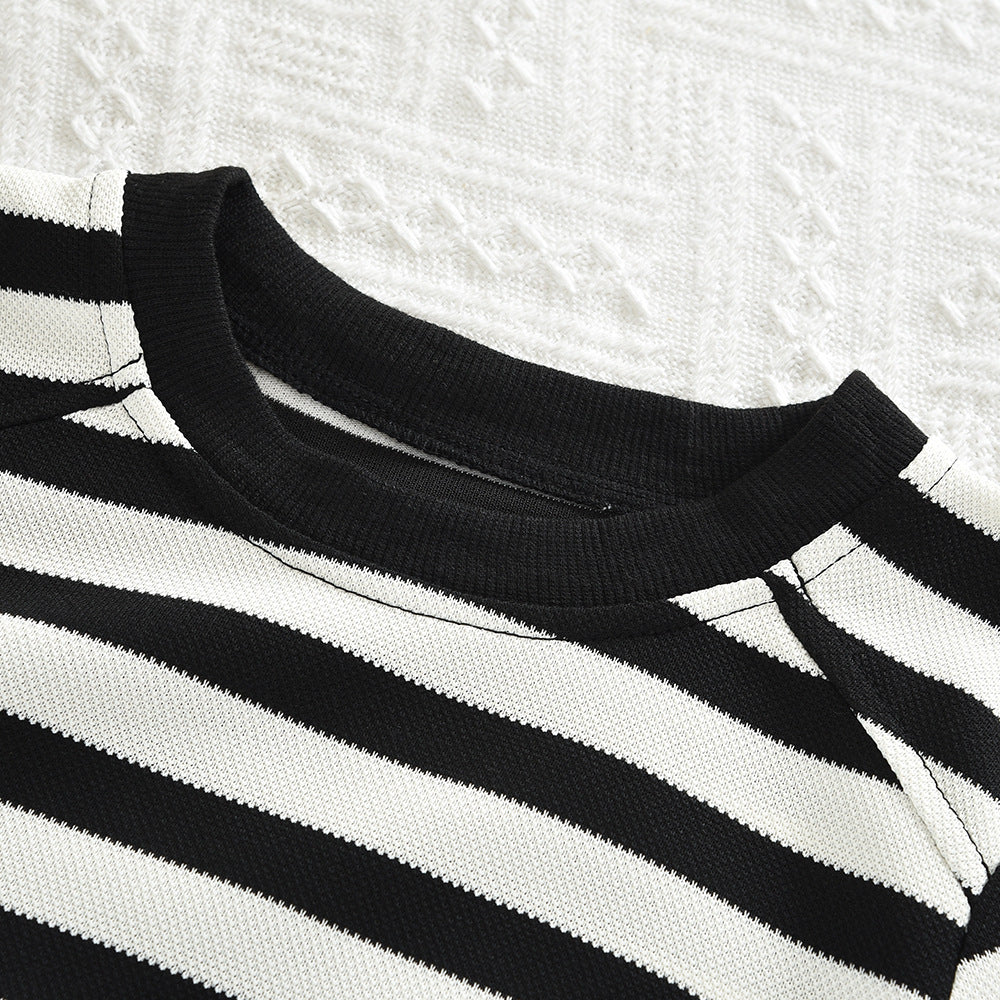 Girls' black and white striped sweatshirt set -  new fashionable and versatile kids' top and flared leg pants two-piece outfit