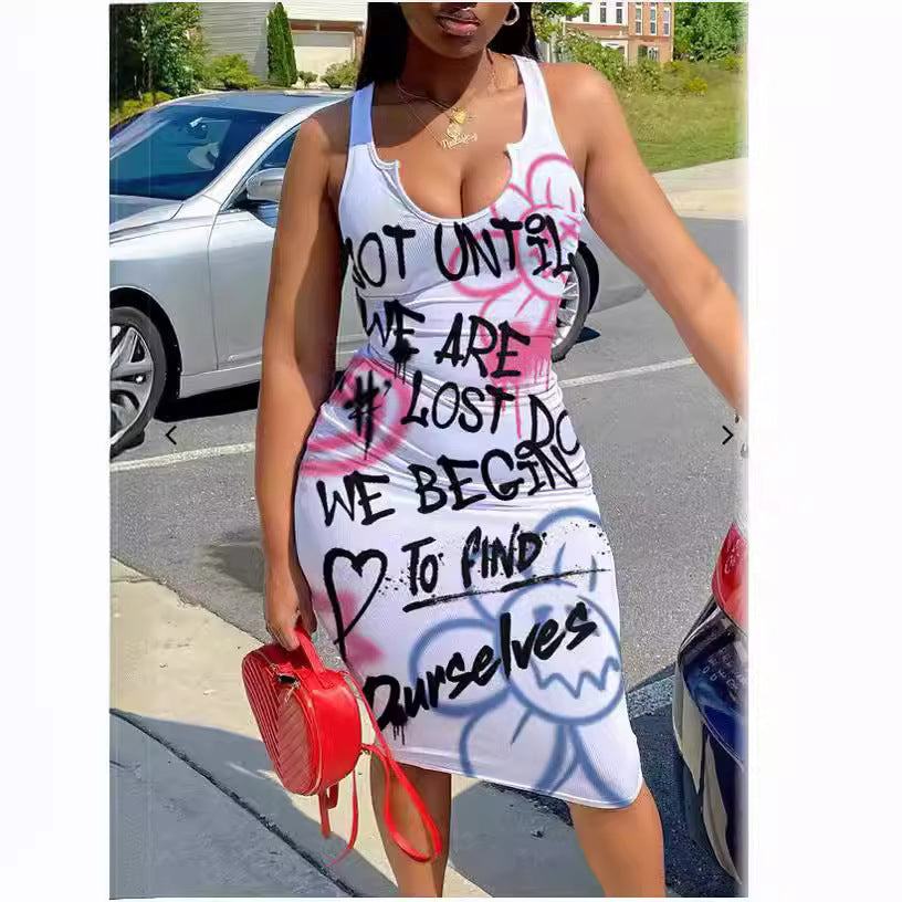 European and american cross-border fashion women's clothing:  summer new sleeveless u-neck graffiti print bodycon mini dress