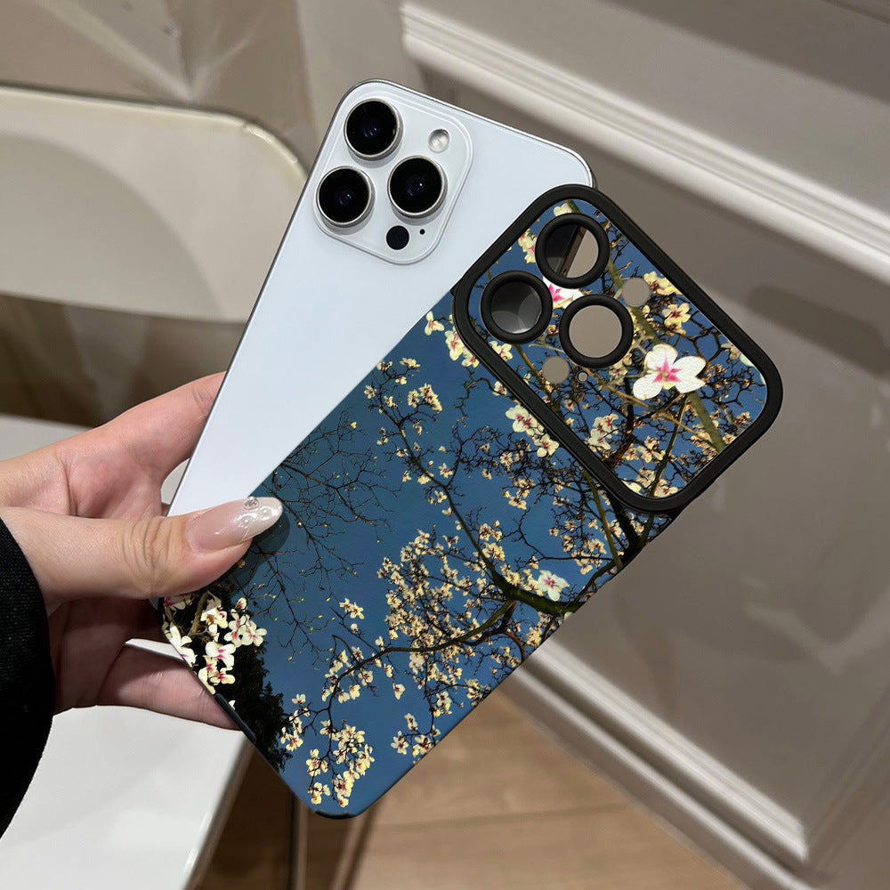 Ins style dark night blue and white orchid mobile phone case suitable for iphone17promax apple 16/15 forest style soft case