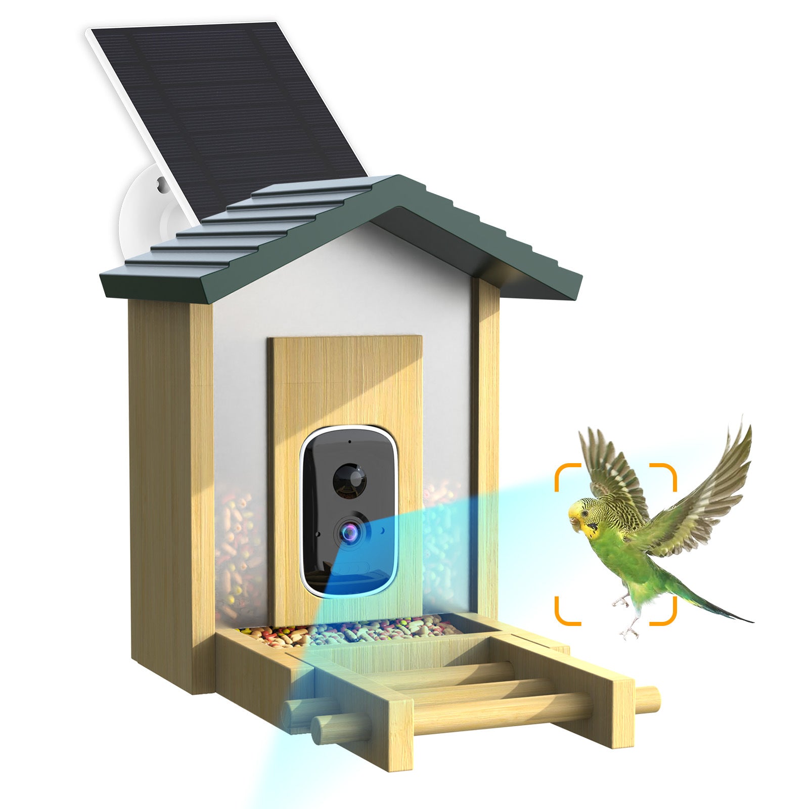 Factory direct sales bamboo and wood intelligent bird feeder AI recognition 5MP pixel camera feeder,   explosion