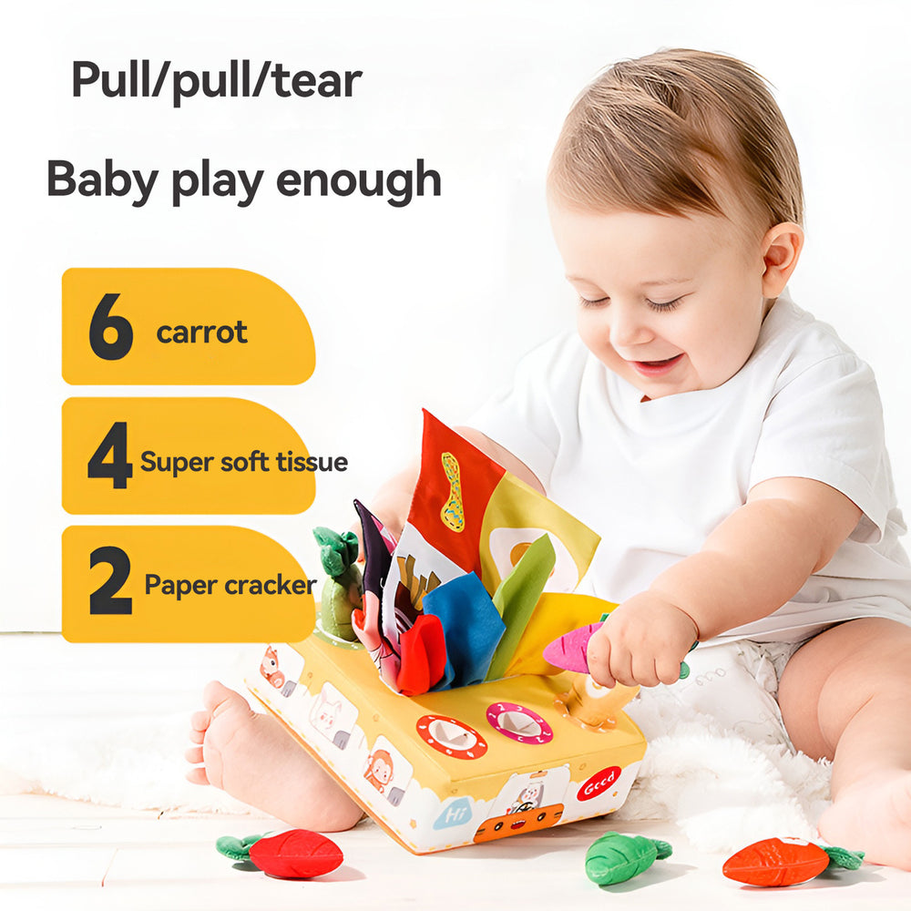 baby's tear-proof tissue box, paper pull-out, radish toy, two-in-one infant early education and soothing toy