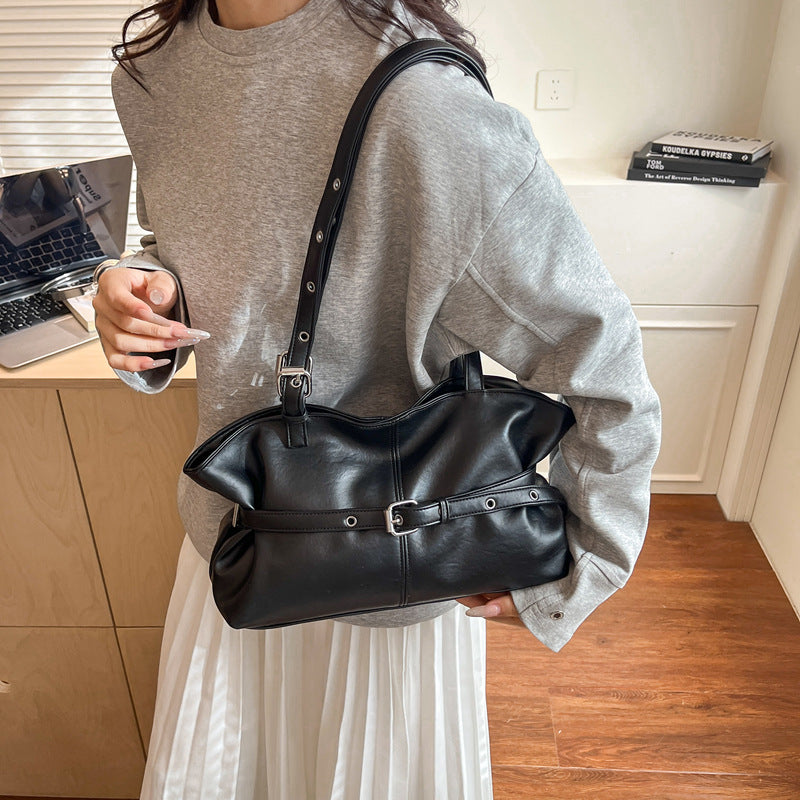 2026 early spring hot-selling chic handbag - women's unique leather belt-embellished high-end underarm bag - large capacity commuter bag
