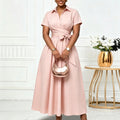 C8662  european and american women's clothing  summer new arrival: collared short-sleeve tie-waist solid color export dress