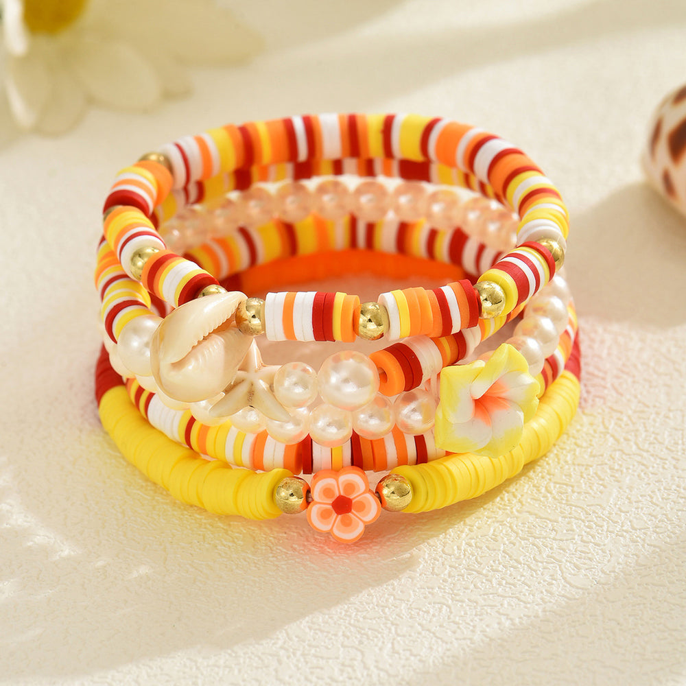 Wholesale polymer clay shell bracelet set - cross-border colorful beach vacation style handmade beaded imitation pearl flower bracelet