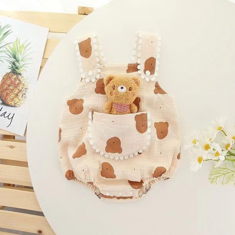 Newborn baby bag butt shirt baby girl short-sleeved khaki romper summer thin summer clothes wide shoulder cute outing romper