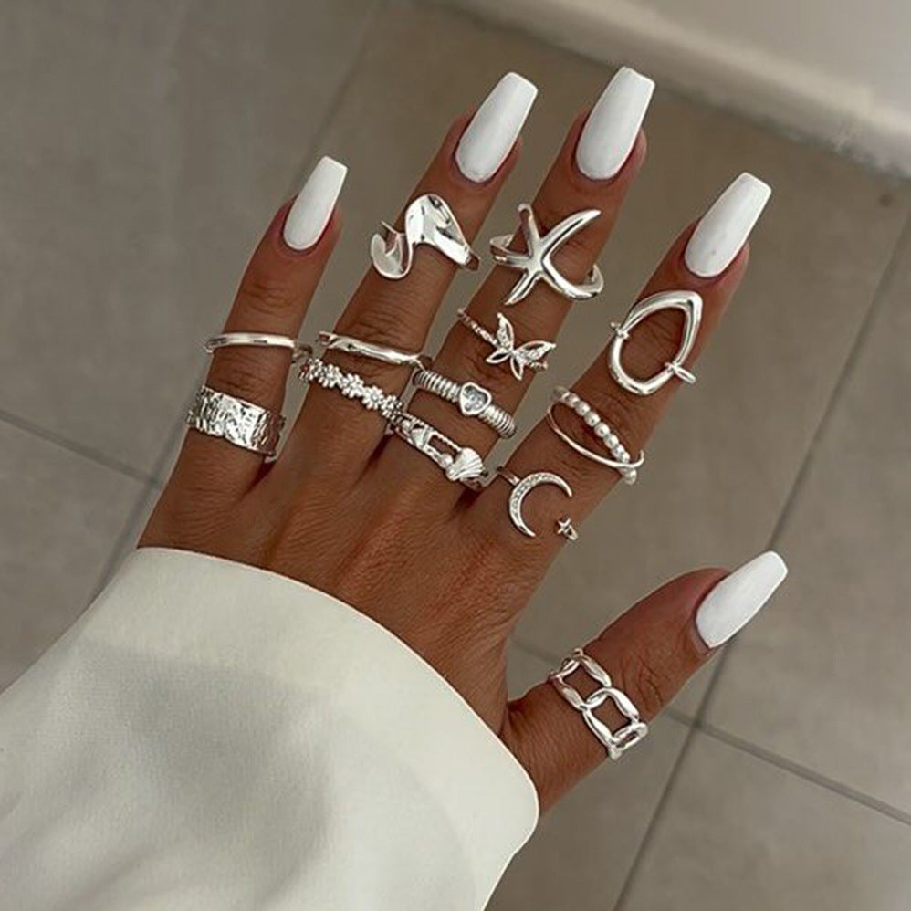 European and american style ring wholesale exaggerated butterfly 13 pieces knuckle stacking high-end heart geometric star and moon ring for women