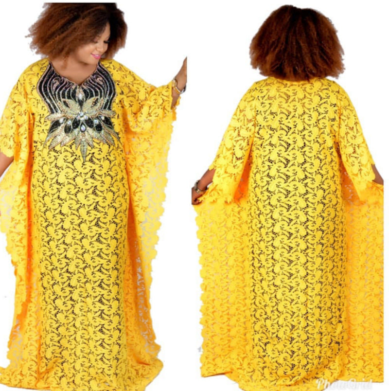 Clearance: hot-selling european, american, and african styles of water-soluble lace, loose-fitting maxi dresses with sequin-embroidered collars. high-end, elegant, and perfect for the sophisticated woman