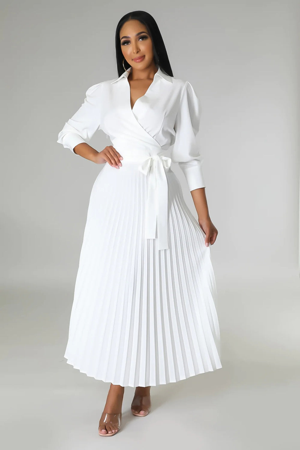 cross-border fashion: new ruched blouse sleeve v-neck, slim-fit, elegant pleated maxi dress for  us & europe