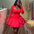 European and american cross-border women's fashion:  summer new arrival - elegant square neck solid color long sleeve slim-fit tulip skirt dress