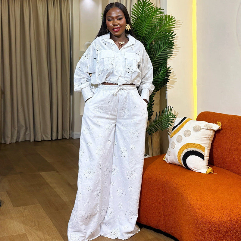 European and american cross-border women's fashion  spring/summer new collection: solid color cutout long sleeve shirt and wide leg pants casual set