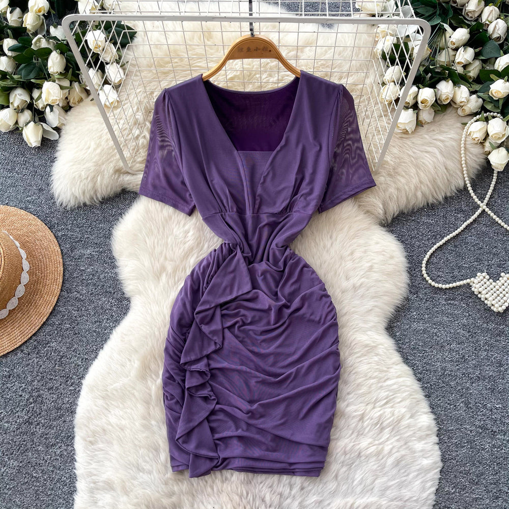 K-stylework clothing short-sleeved casualsilmdress women's summer purple v neck waist slimming look hip skirt a-line skirt