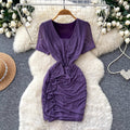 K-stylework clothing short-sleeved casualsilmdress women's summer purple v neck waist slimming look hip skirt a-line skirt