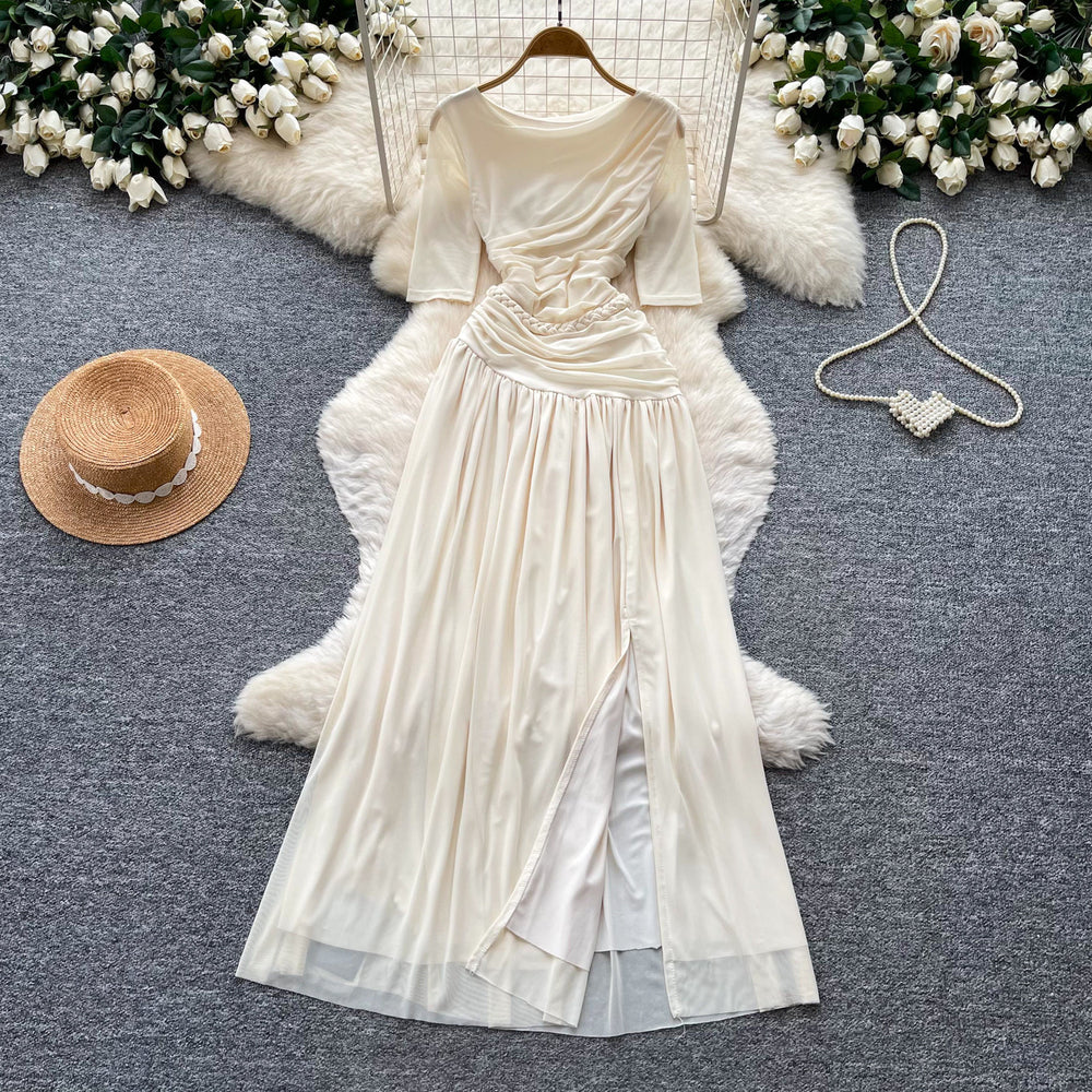 Hepburn style pink a-line slit long sleevesdress women's summer short-sleeved high waist pleated elegantelegance long skirt