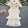 Hepburn style pink a-line slit long sleevesdress women's summer short-sleeved high waist pleated elegantelegance long skirt