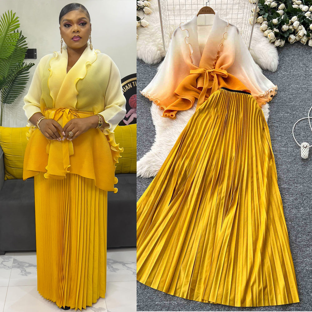 Fashion pleated suit women's strappy waist gradient color pressed pleated cardigantopshigh waistpleated skirttwo-piece set