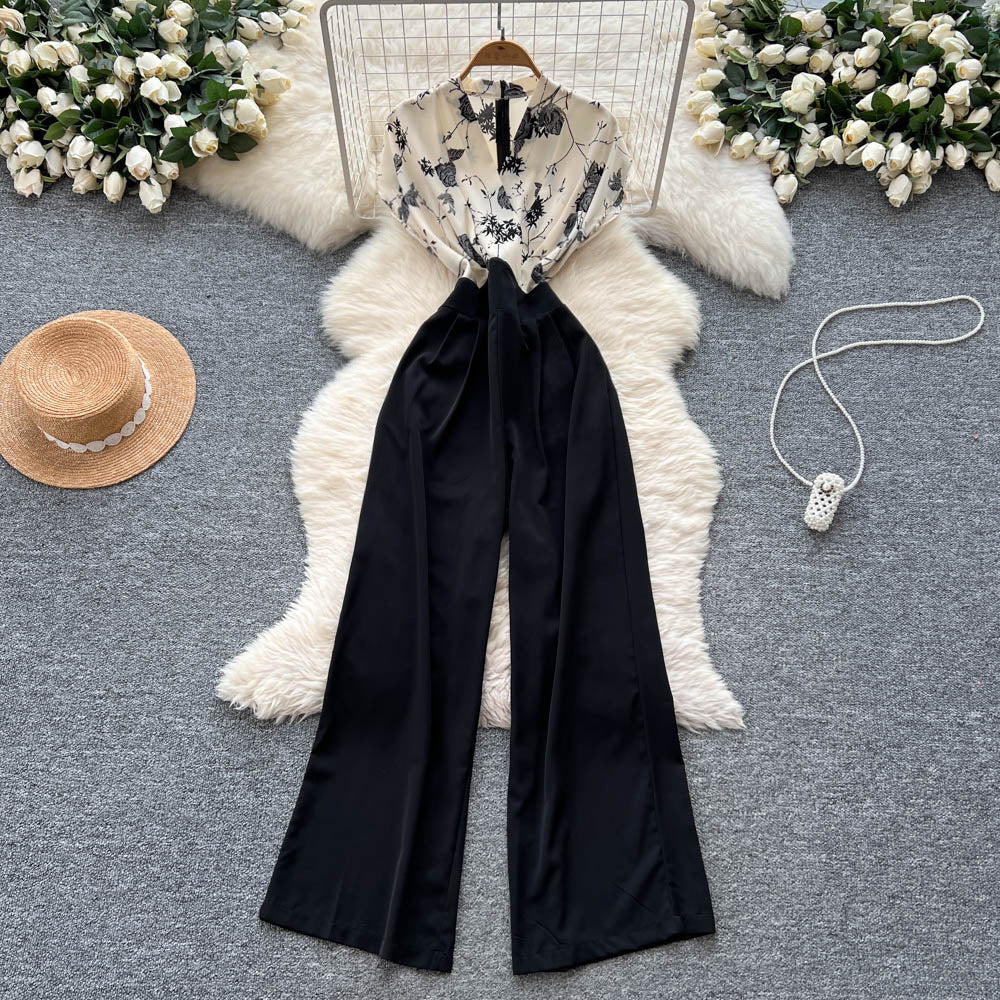 European and american style high-end criss-cross neck flutter sleeve jumpsuit - women's summer slimming wide-leg over-the-knee pants for a chic and powerful look