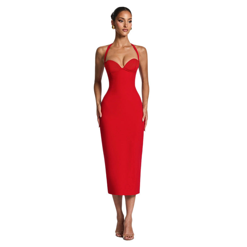 European and american women's clothing  spring/summer new solid color casual slim-fit sleeveless halter neck tie-up midi dress wholesale