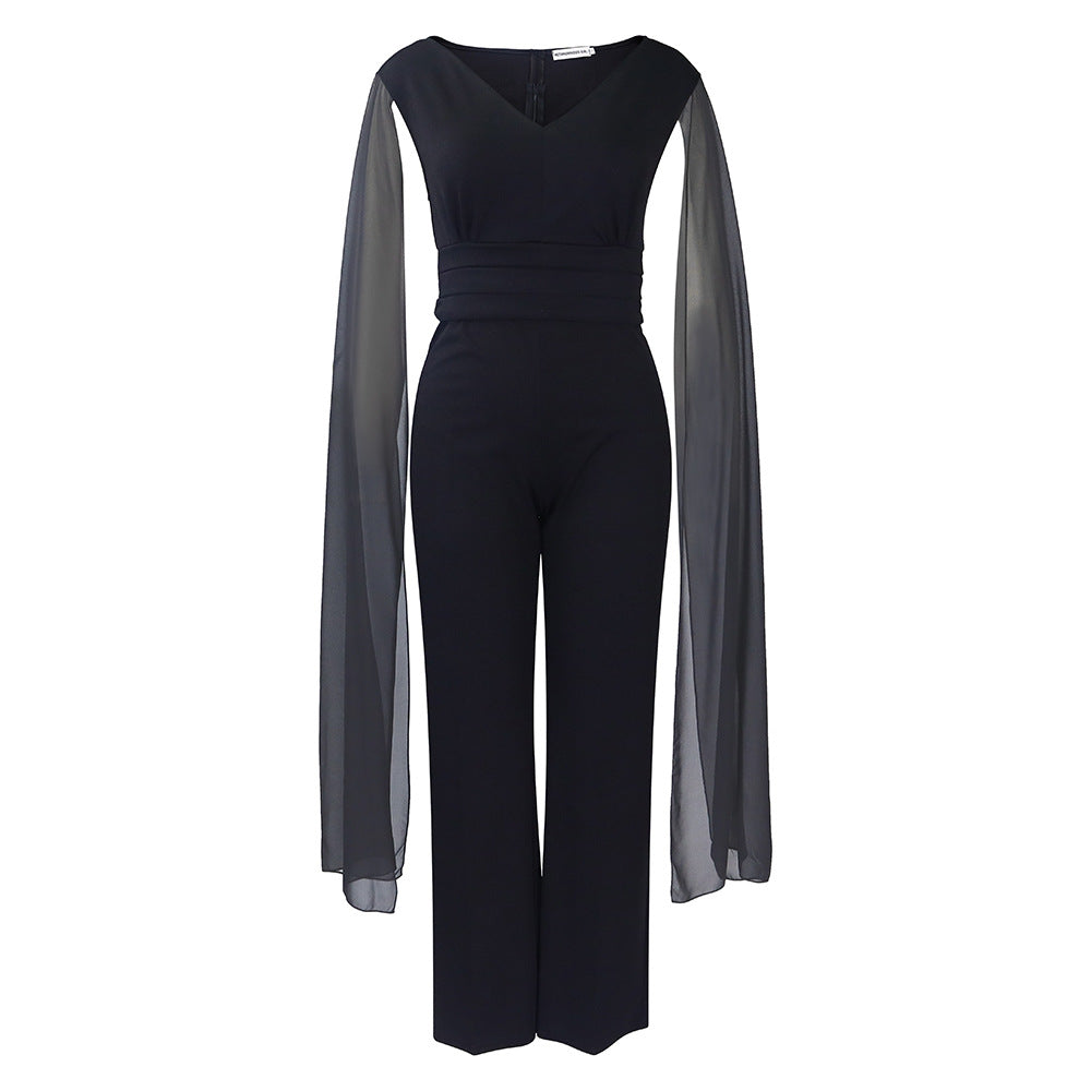 C8561 european and american style fashionable elegant commute v-neck top and wide-leg pants two-piece set, plus size african export outfit