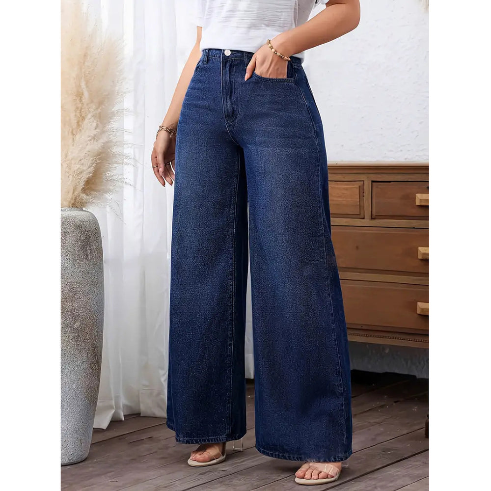 new women's casual jeans  washed trendy wide-leg jeans fashionable dark blue