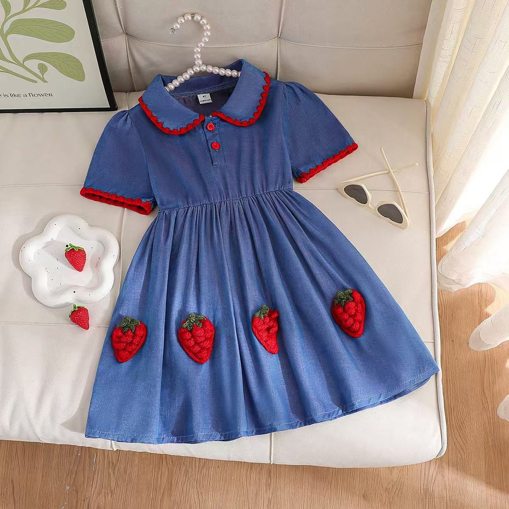 hot-selling girls' preppy-style faux denim strawberry embroidered dress - cross-border exclusive