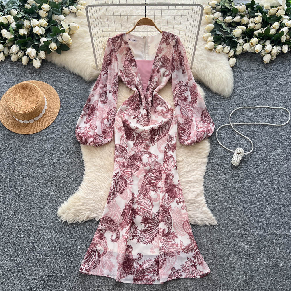 French chic v-neck patchwork lantern sleeve printed dress - slim fit, elegant, long mermaid skirt