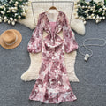 French chic v-neck patchwork lantern sleeve printed dress - slim fit, elegant, long mermaid skirt