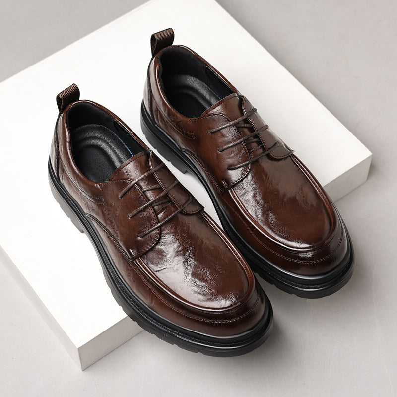 Men's leather dress shoes - breathable, british style, business casual, textured sole, chunky sole, height increasing, black leather shoes for men, groom's wedding shoes