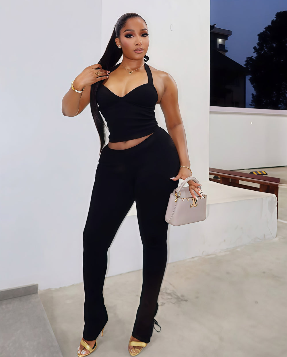 European and american cross-border women's fashion:  autumn new arrival - solid color sleeveless halter neck sexy top & leggings casual set