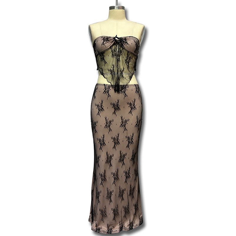 fashionnew arrivalsummerlace skirtpatchwork chest wrap summer clothing silmsexysuit long skirt