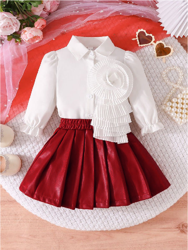 cross-border exclusive: new autumn collection - girls' long-sleeved blouse with floral design + pu leather skirt - hot-selling bestseller