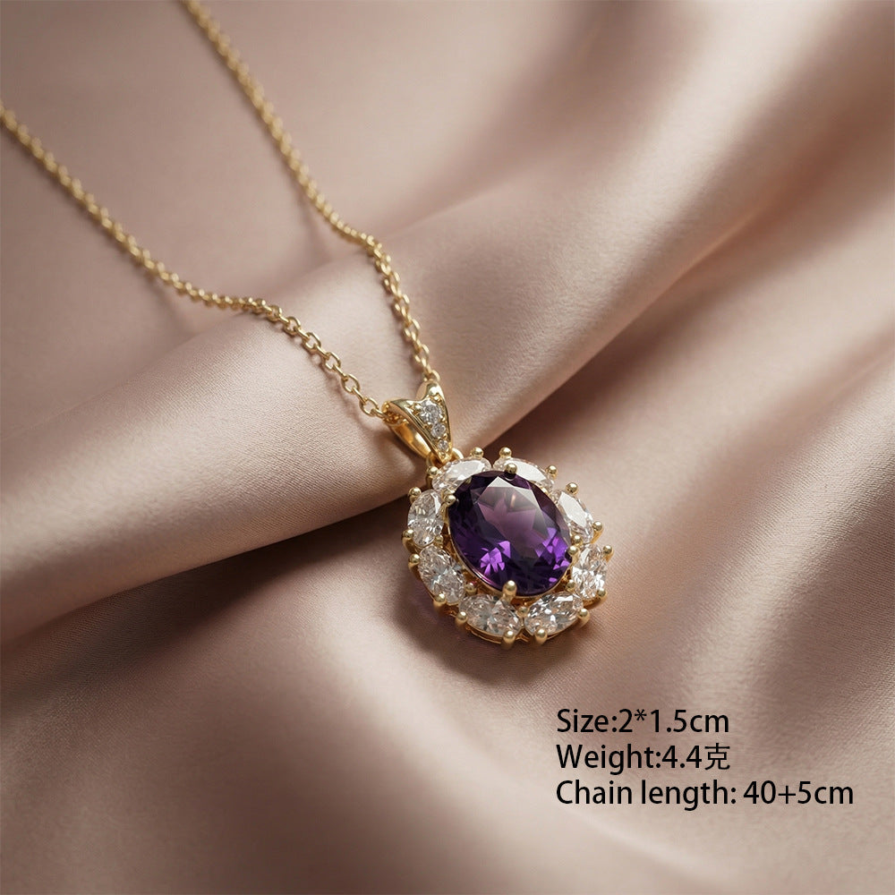 Popular popular style simple inlaid purple gemstone necklace for women accessible luxury simple elegant non-fading titanium steel clavicle chain jewelry