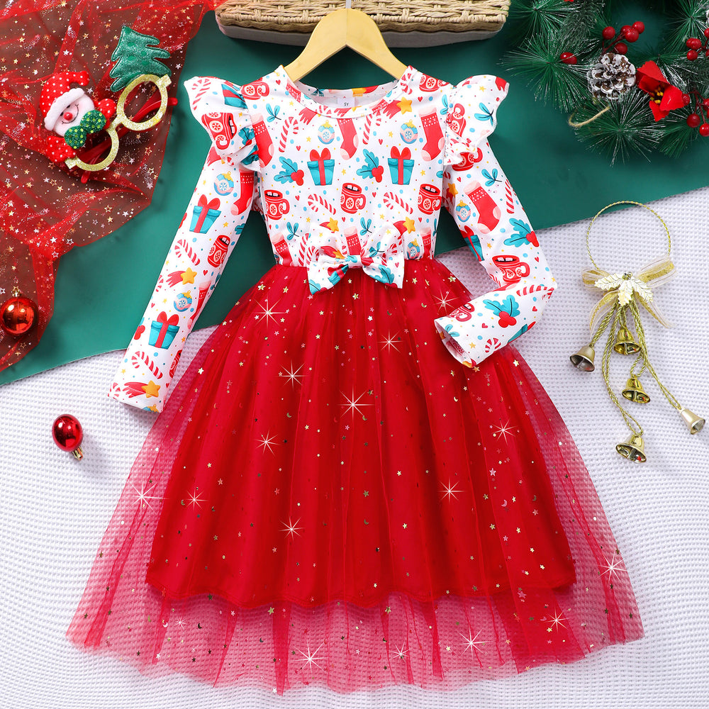 Kids' long-sleeve crewneck dress with fish scale mesh detail - christmas green